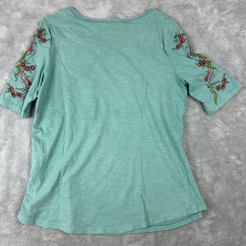 Top de algodón Sundance para mujer M inserciones de encaje bordado suave verde azulado mangas de codo Foto 3 de 4