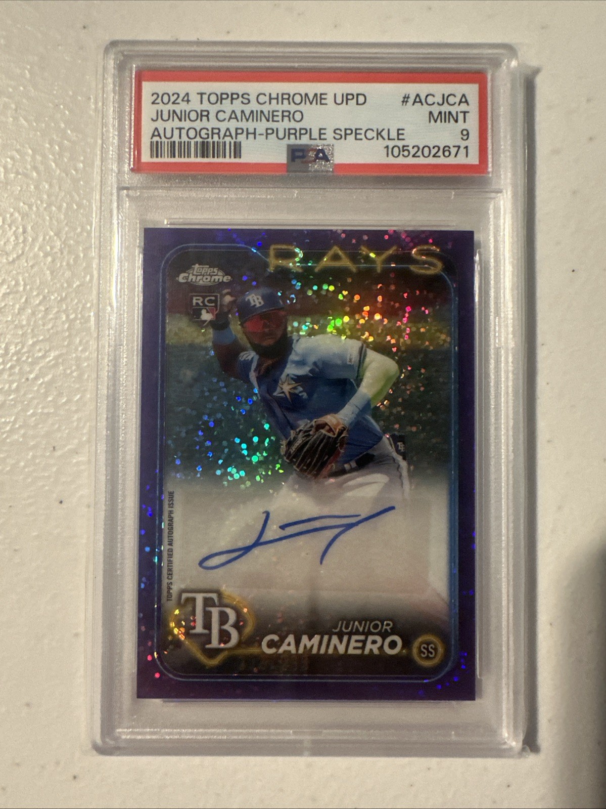 2024 Topps Chrome Update -Junior Caminero Auto Purple Speckle /299 PSA 9