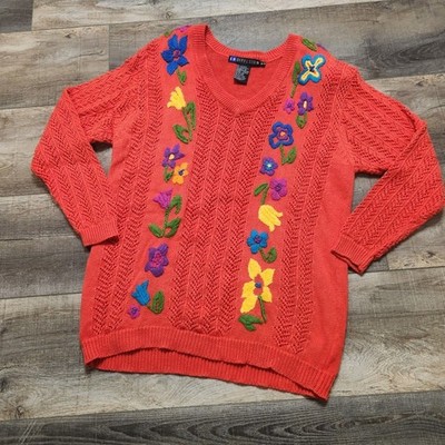 Vintage 80s 90s IB Diffusion Floral Embroidered Cable Knit Sweater Ramie Cotton
