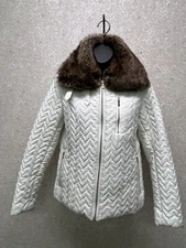 Eivissa Womens White Quilted Zip Front Faux Fur Collar Outdoor Coat Jacket SMALL