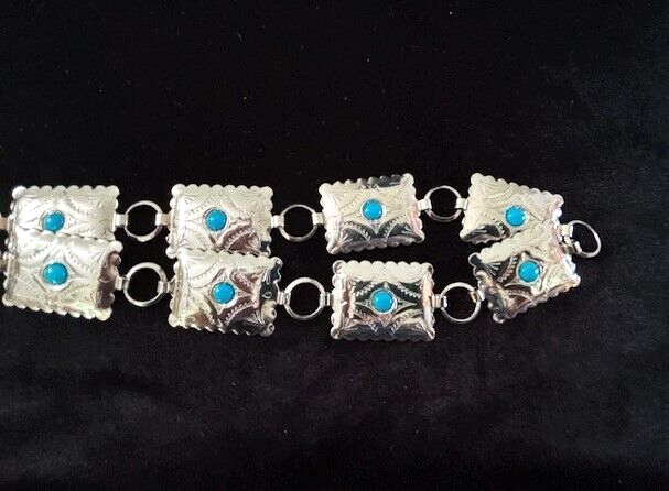 VTG Southwest CONCHO Style Etched Silver Tone Faux Turquoise  display picture 3