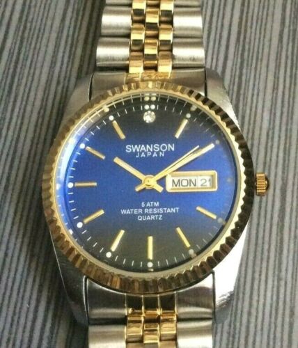 Swanson Men's Watch Round Blue Date Dial on Two Tone Linked Band New Item!