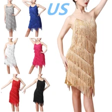 Women Sequins Fringed Latin Dance Dress Sleeveless Tassel Flapper Party Dress