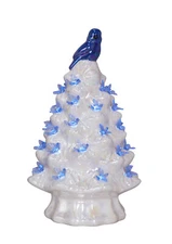 7.25" LED Bluebirds Tree Glazed Ceramic Retro B/O Timer Colored Bulbs 74047