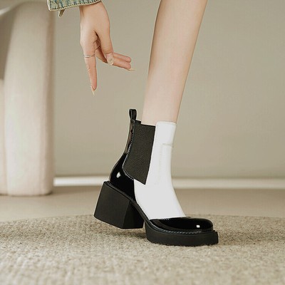 Womens Leather Two Tone Round Toe Elastic Top Block Heel Ankle Boots Shoes