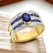 Blue Sapphire Oval Cut With 925 Sterling Silver Gold Plated Ring For Men #322 *