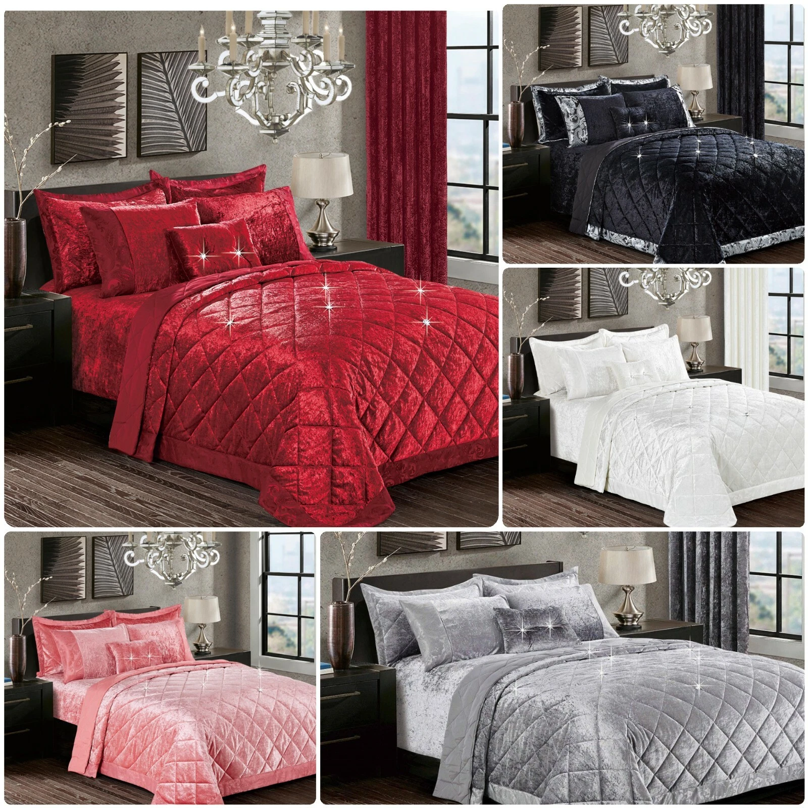 Luxury Crushed Velvet Bedspread Quilted Comforter Bed Throw 3Pcs Bedding Set