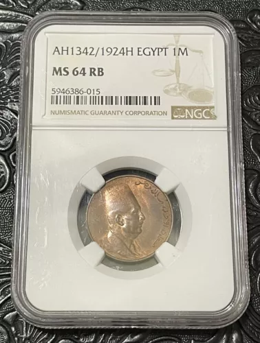 EGYPT, 1924H BRONZE 1 MILLIEME. KING FOUAD. NGC MS 64 RB. RARE.