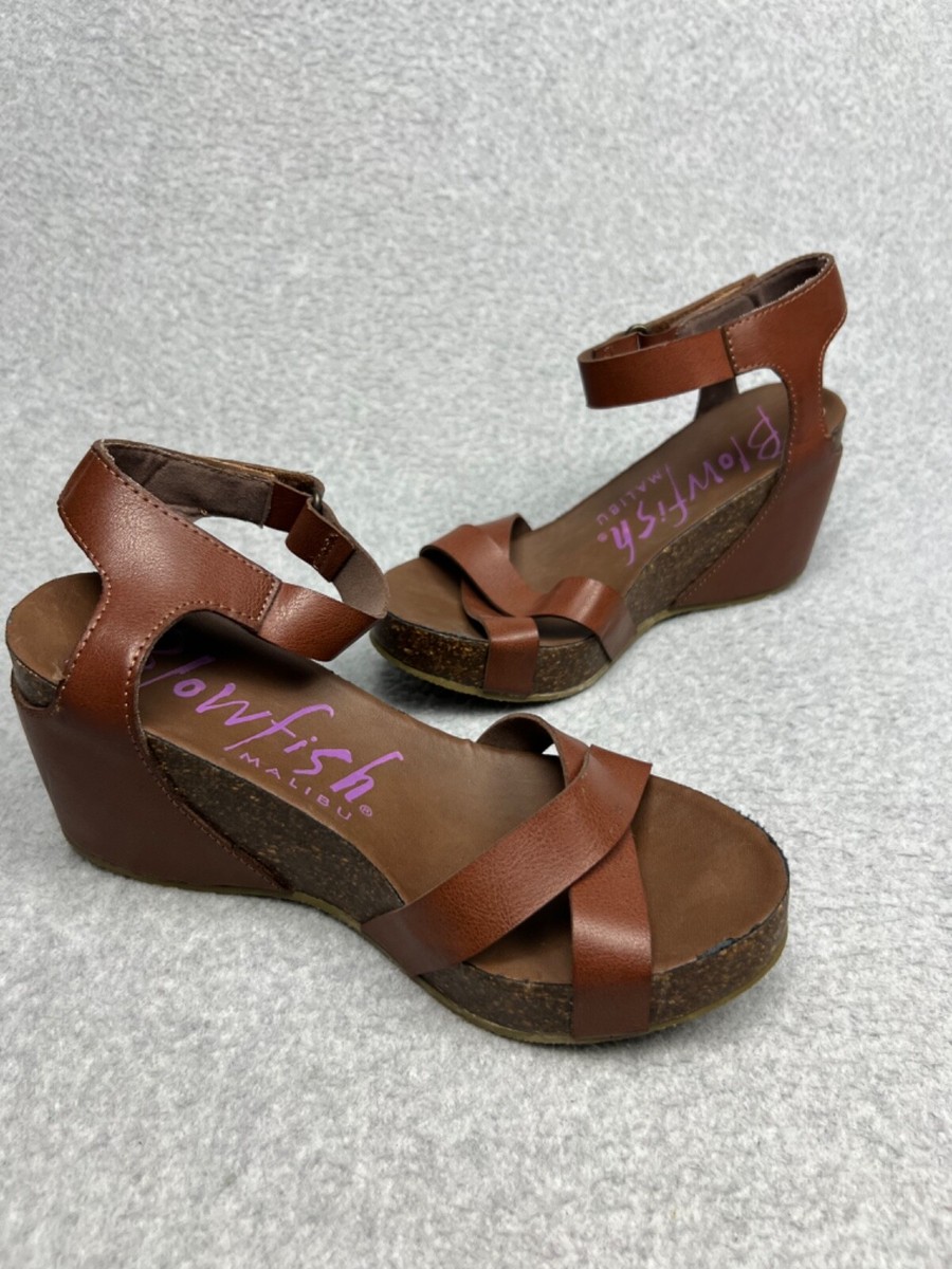 Blowfish Malibu Womens Strappy Open Toe Cork Wedge Sandal Size Boho Brown