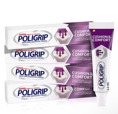 4 Pack Poligrip Cushion & Comfort, Denture and Partials Adhesive Cream