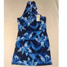 NEW Tommy Bahama Carmela Seaside Brights Dress Island Navy Floral Halter Blue M