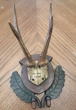 Vtg Roe Deer Buck Horns Antlers Handcarved Wooden Plaque MariasdorfAustria -1932