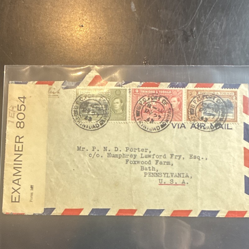 Trinidad & Tobago WWII Censored Air Mail Cover Handstamped to USA Postal History