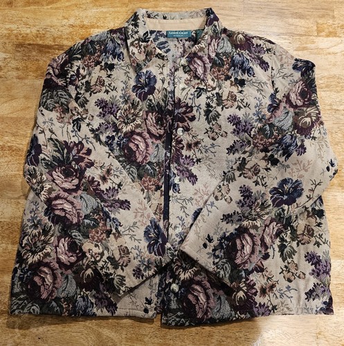 VTG Lemon Grass Studio Floral Tapestry Jacket Button Up Beige Rose Print Size XL