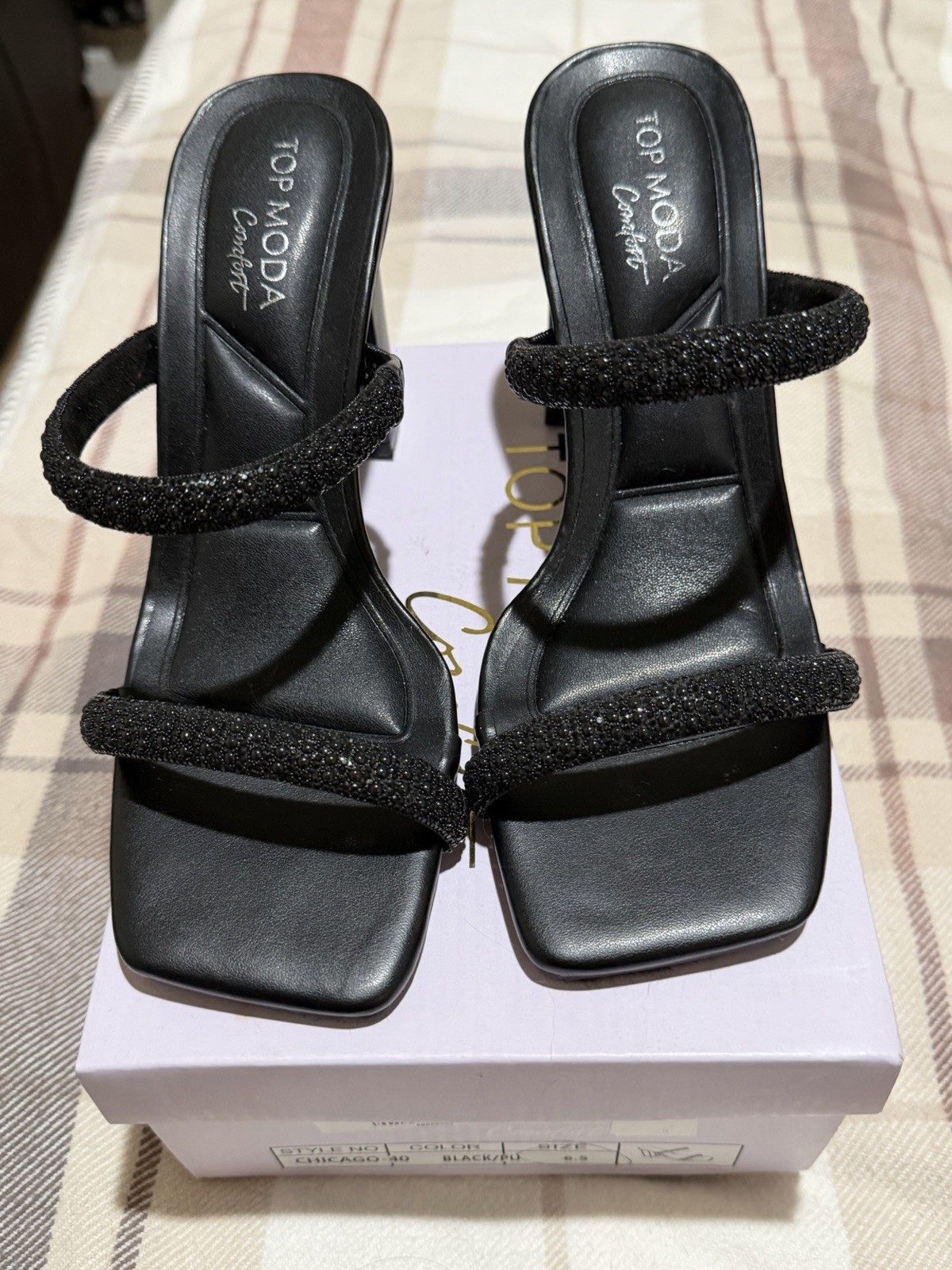 TOP MODA Comfort Black Strappy Slip-On Open Toe Block Heel Sandals 6.5
