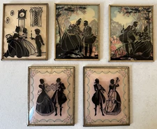 Lot reverse painted bubble glass Silhouette convex vintage cello courting couple