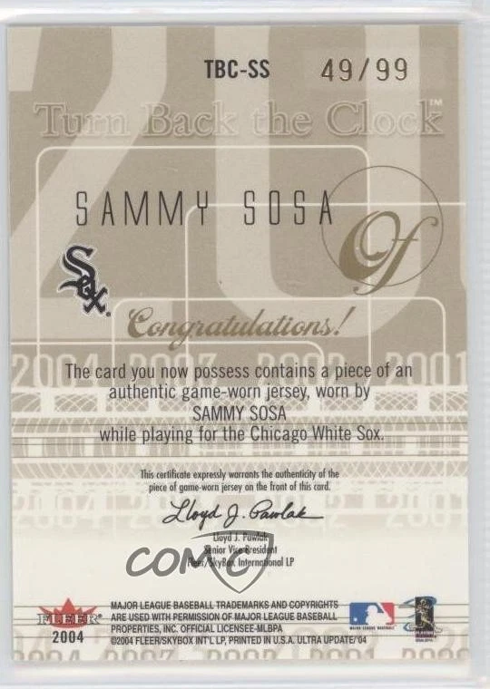 2004 Fleer Ultra Turn Back The Clock Jerseys Gold /99 Sammy Sosa #TBC-SS - Image 2 of 2