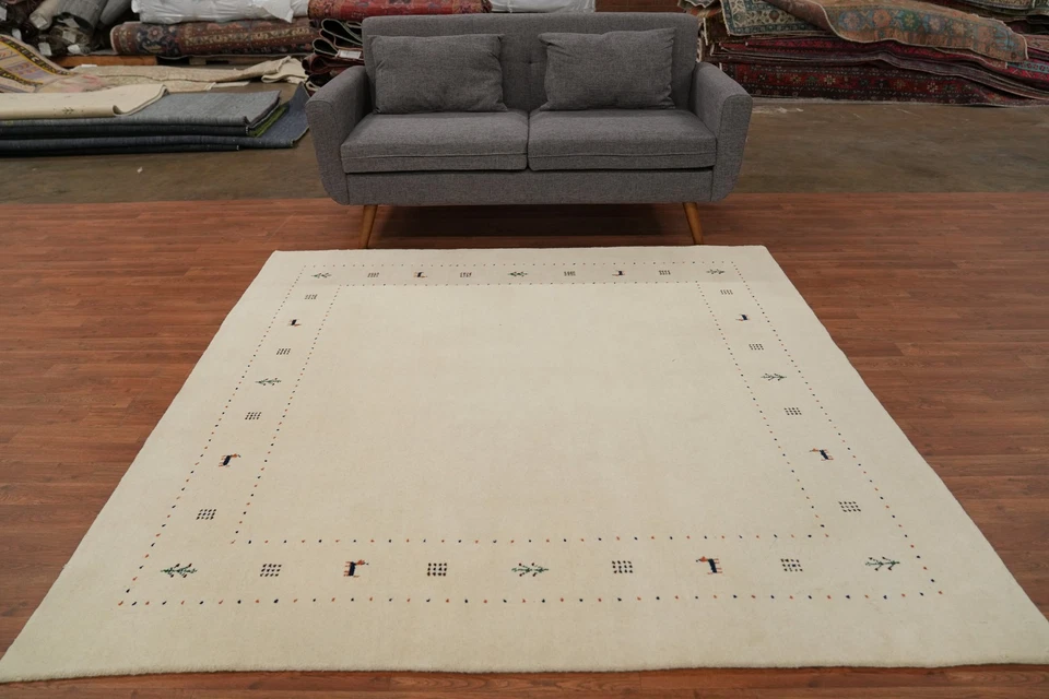 Bordered Tribal Style Handmade Wool Indian Area Rug 7x7 ft Square Carpet - Image 3 of 4