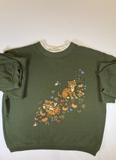 Vintage Cat Pumpkin Sweatshirt Womens M L Green Fall Autumn Cottagecore Kitten