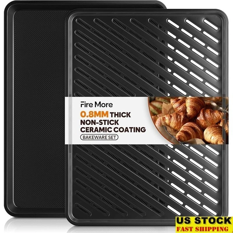Non-Stick Baking Sheet W/ Cooling Rack Durable Carbon Steel Oven Tray 450F New
