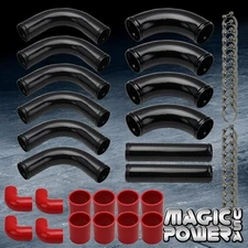 UNIVERSAL 12x 3" BLACK DIY ALUMINUM TURBO INTERCOOLER PIPING KIT w/RED COUPLERS