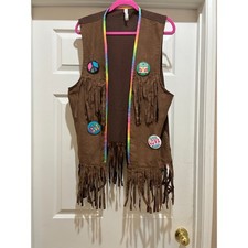 Brown Faux Suede Vest Fringed Women's OS Hippie 70's Buttons Costume