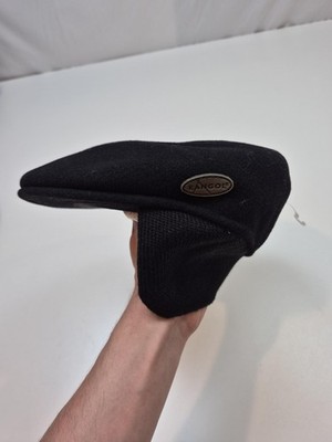 Kangol Hat Flat Cap Fitted Mens M Black Wool 504 Earlap Ear Flap Lined Winter