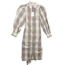 A New Day Women's Cream Brown Plaid Gingham Puff Sleeve Tie Waist Shirt Dress XS