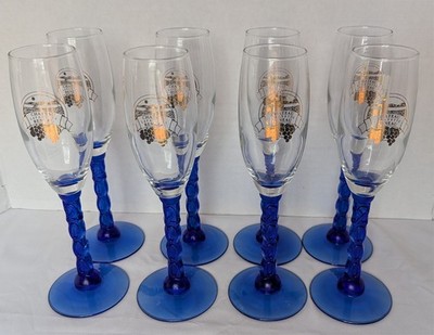 Set of 8 Chateau Lafayette Reneau Wine Glasses Blue Stem Finger Lakes NY