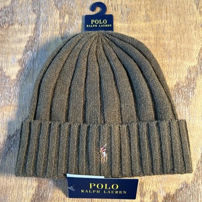 Polo Ralph Lauren Mens Cuffed Beanie Olive Green Pony Wool Blend One Size