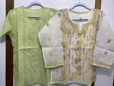 Lot Of 2 Chikankari Kurti Kurta for Women Green White Embroidered Tops 40