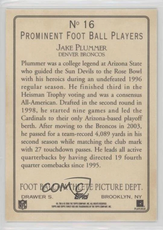 2005 Topps Turkey Red Jake Plummer #16 - Image 2 of 2