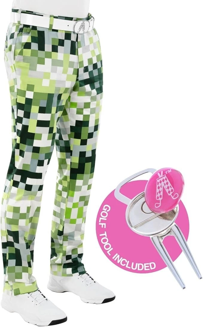 Royal and Awesome Men`s Golf Trousers Pixel Perfect Green Golf Pants 30 - 44