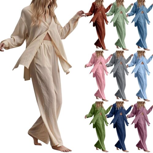 2PCS Women Cotton Linen Tracksuit Shirt Wide Leg Pants Summer Outfit Loungewear