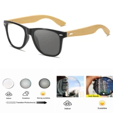 Unisex Square Bamboo Wood Photochromic Reading Glasses Wooden Temple Sunglasses