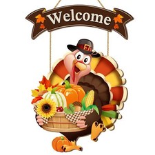 Thanksgiving Turkey Welcome Door Sign Decor, Wooden Wreath for Front Door Han...