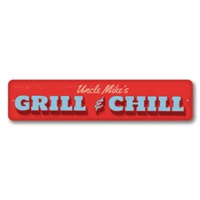 Grill & Chill Sign, Personalized Man Cave Name Sign, Custom Aluminum Metal Decor