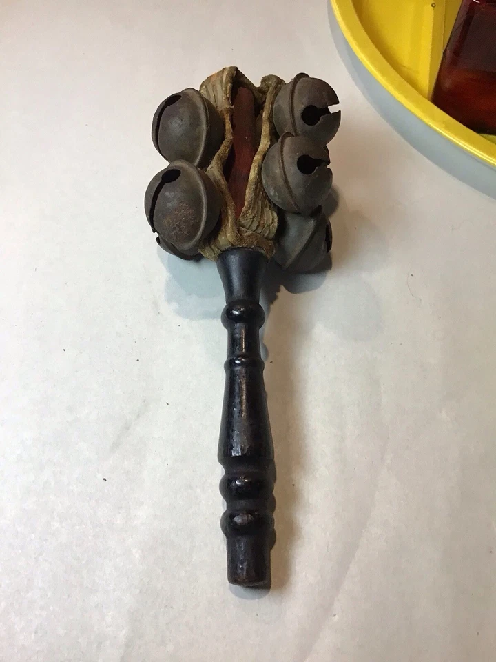 Antique Christmas Victorian Wood & Leather Jingle Bells Primitive Baby Rattle - Image 2 of 4