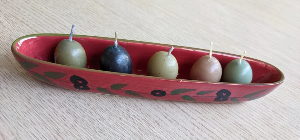 Photophore 5 petites bougies forme olive dans barquette céramique - Photo 1/1