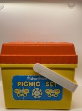 Vintage 1985 Fisher Price Picnic Basket W/ Some Accessories Kids Toy Play Set