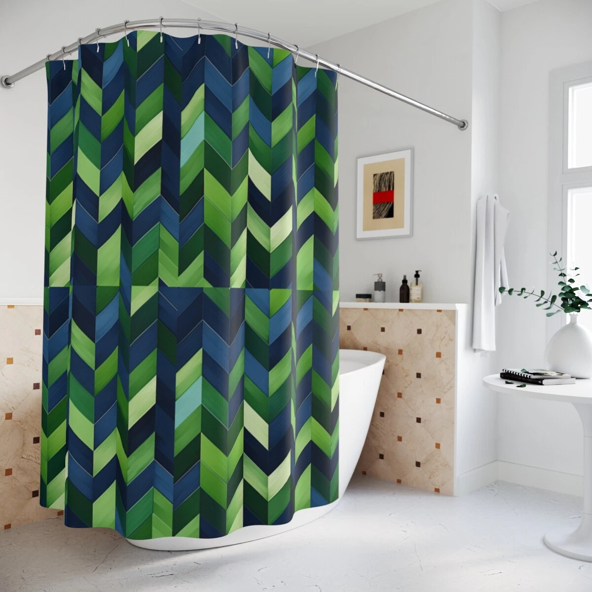 Shower Curtain Navy Blue Parakeet Green