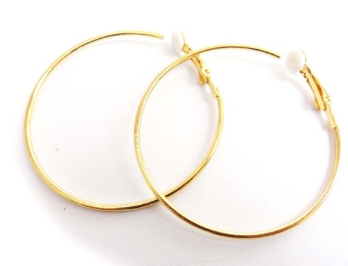 CLIP-ON HOOP EARRINGS 2 INCH HOOP GOLD OR SILVER TONE CLASSIC HOOPS - Picture 2 of 5
