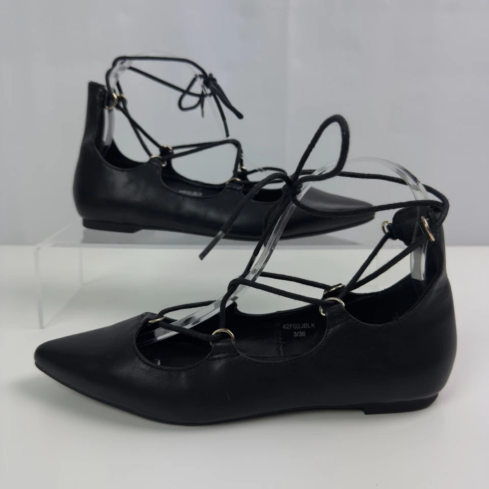 Topshop Size 36 US 5.5 Black Faux Leather Lace Up Pointed Toe Ballet Flats - Image 2 of 4