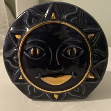 Vtg Celestial Sun Ceramic Toothbrush Holder Bohemian Blue and Gold