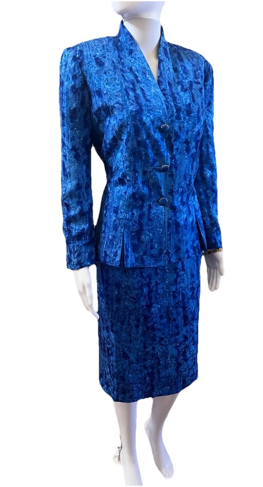 Anne Crimmins Umi Collection Size 10 Silk Skirt Suit Blue Watercolor Print VTG - Image 4 of 4