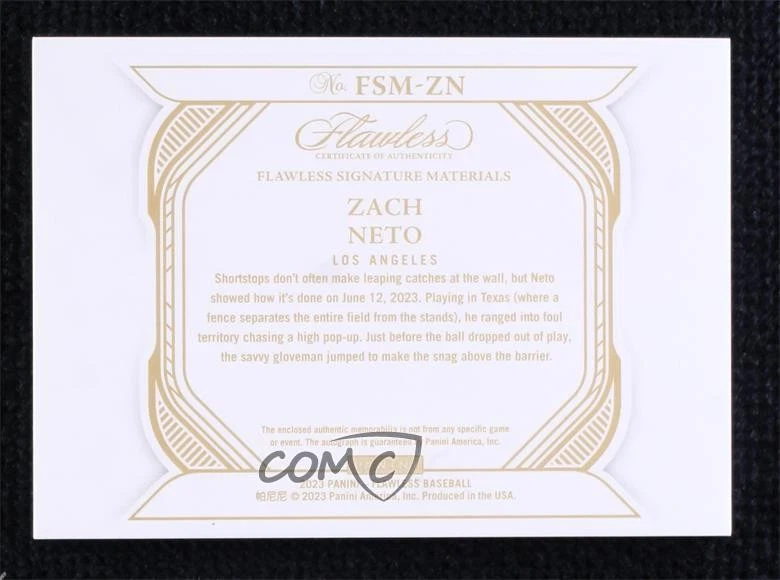 2023 Panini Flawless Signature Materials Sapphire /15 Zach Neto Rookie Auto RC - Image 2 of 2