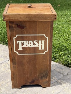 Vintage Wooden Tall Trash Bin Garbage Can Compost Bin 2  Tall With Lid Farmhouse