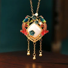 Joyful White Jade Gold Plated Pendant Chinese Classical Ethnic Style Necklace 
