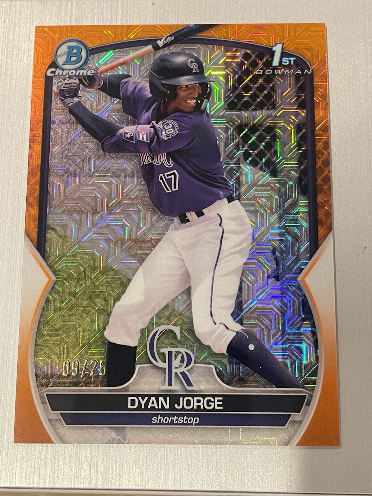 2023 Bowman Chrome 1st Dyan Jorge #BCP-22 Orange Mojo Mega Refractor /25 (RC)