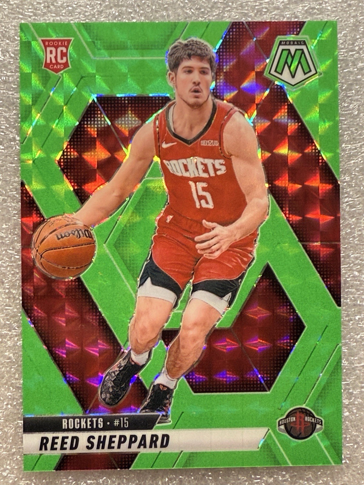Reed Sheppard 2024-25 Panini Mosaic /10 Green Fluorescent Rookie RC #249 Rockets